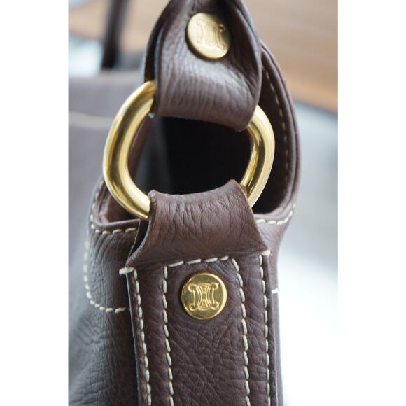 CELINE Vintage Shoulder Bag Brown Leather Gold Triomphe Fold over Handbag - Picture 12 of 13